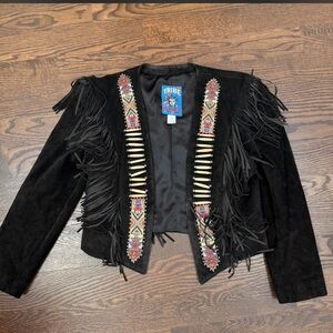 Tribe America hand beaded leather suede fringe jacket bone pipe studs RTL $895 S